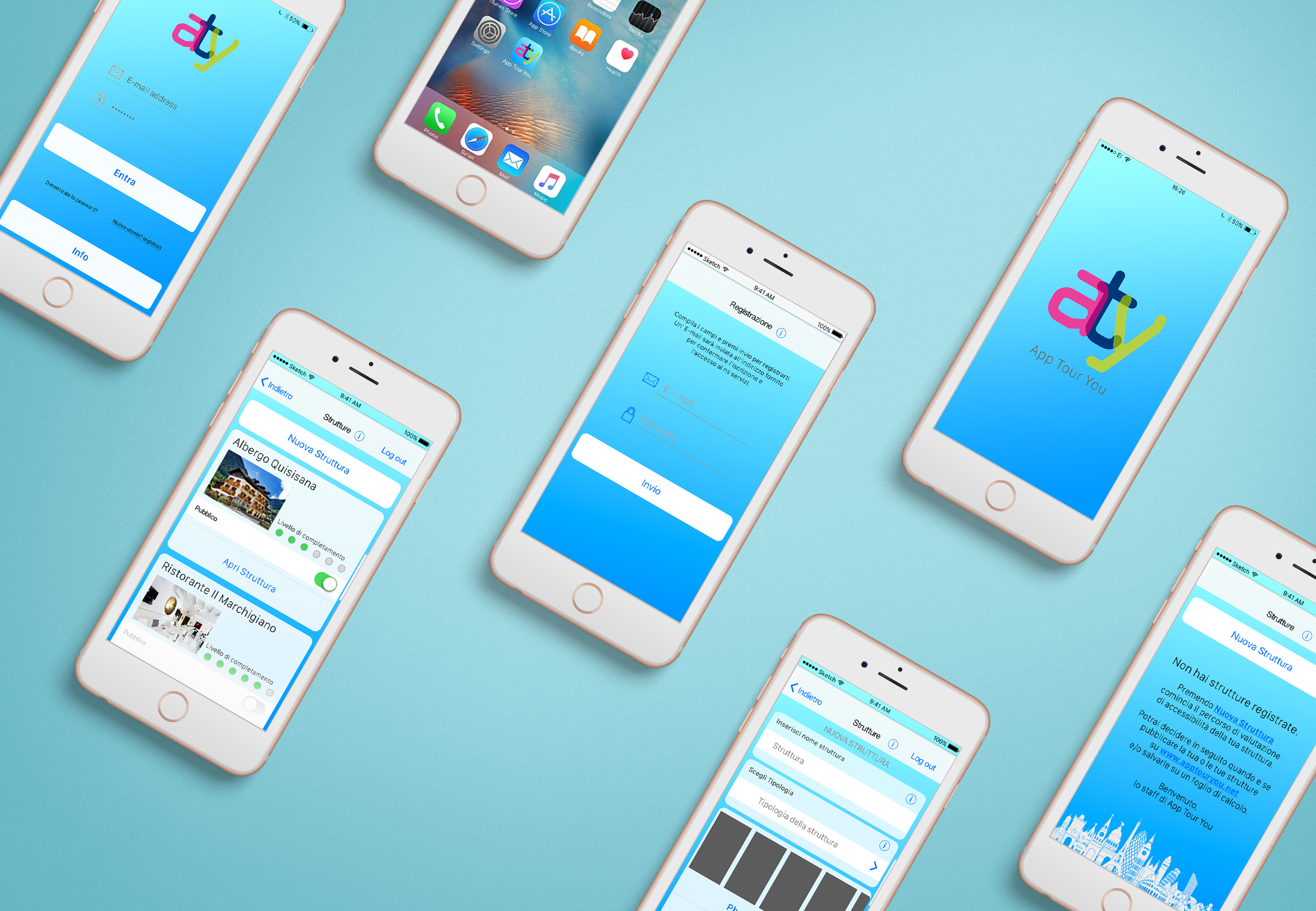 Mockup contenente diversi smartphone con le varie schermate dell'app sviluppata per il progetto App Tour You.