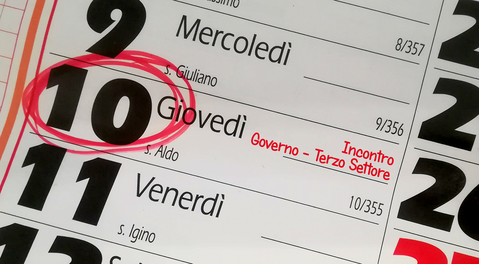 Calendario con la data del 10 cerchiata e la scritta "incontro Governo - Terzo Settore"