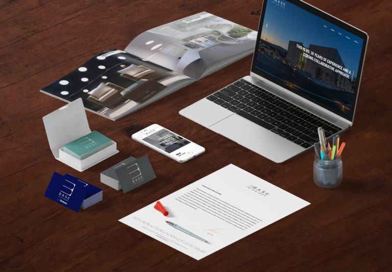 Mockup Corporate Identity e Website realizzati per Base Interiors