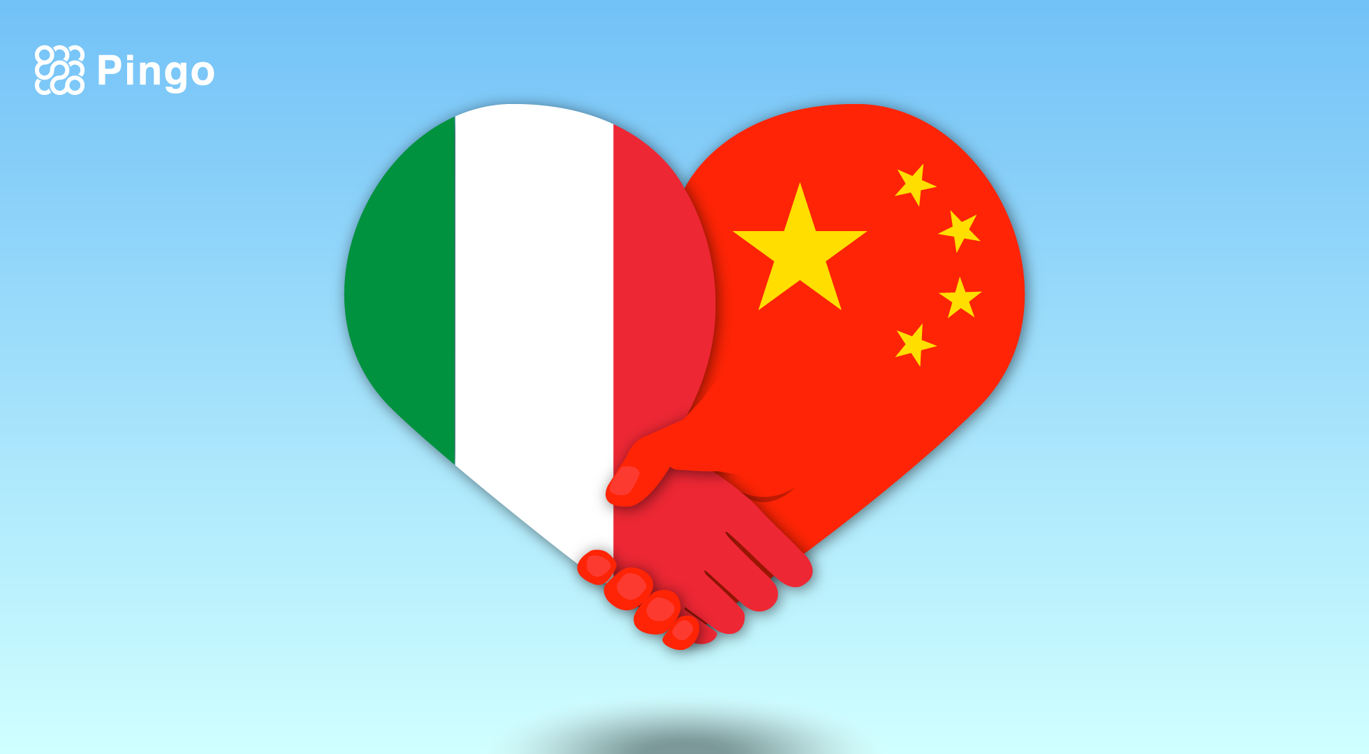 Cina e Italia: Un immagine contenente un cuore formato da due parti, con due mani che si stringono, uno con sfondo la bandiera cinese, uno con la bandiera Italiana